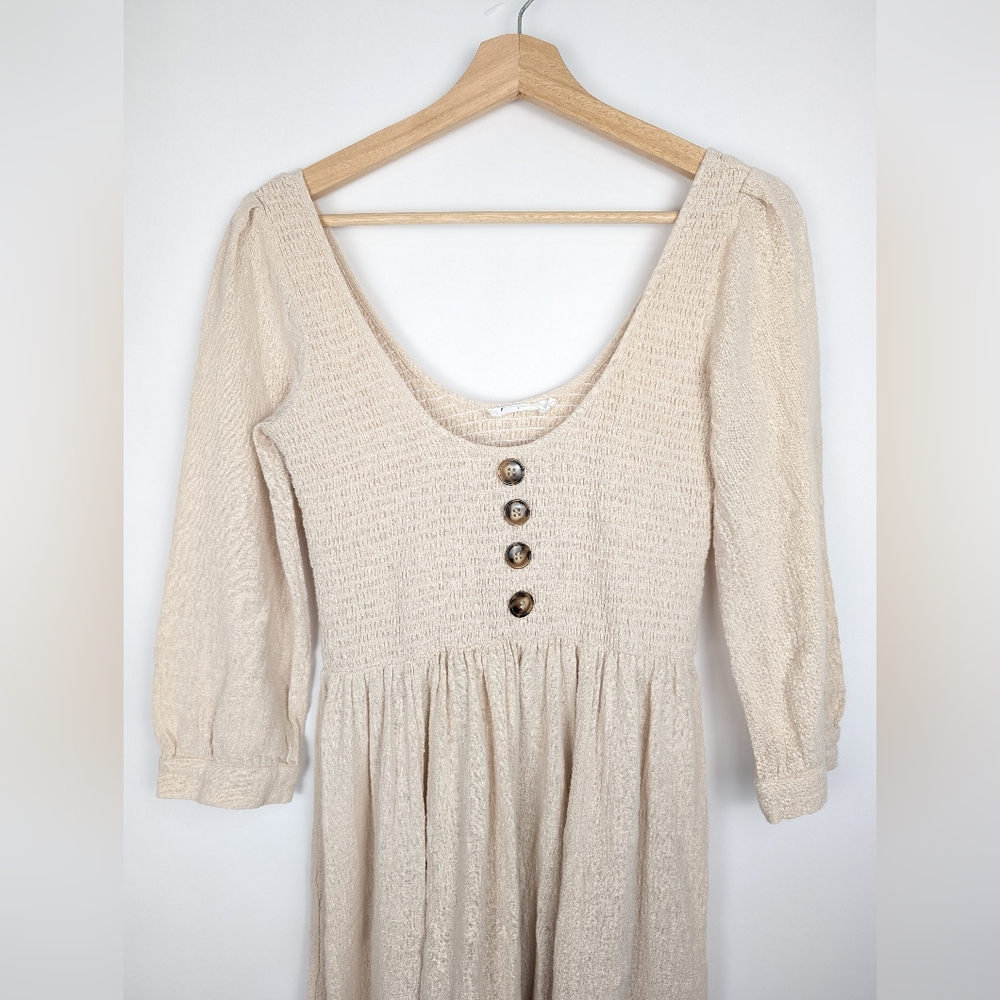 Cream Button Cotton Dress 3/4 Length Smocked Boho Earthy Size Medium - Picture 2 of 8